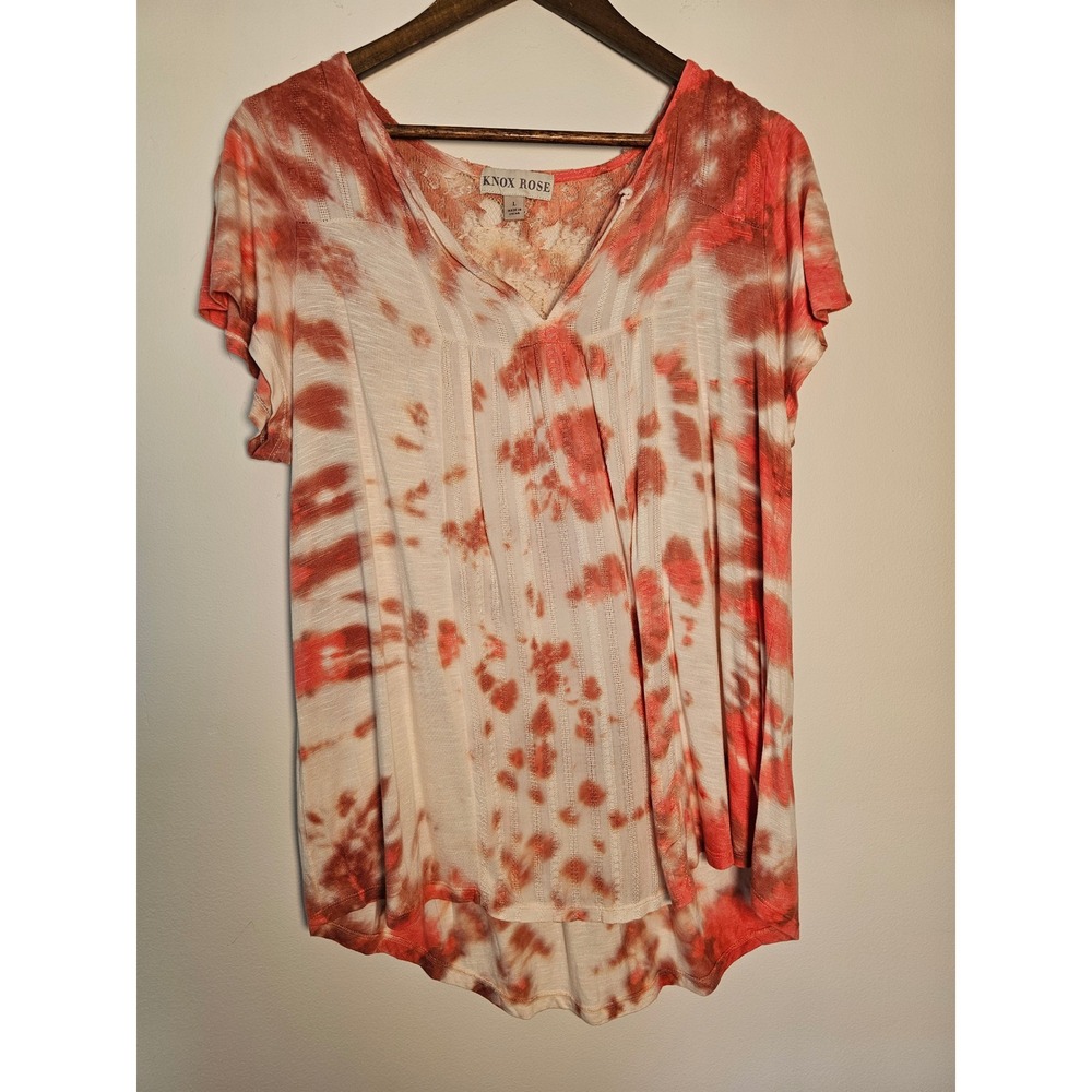 Boho Knox Rose Tie Dye Blouse Womens Large‎ Coral Lace Pintuck Short Sleeve Top